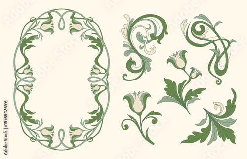 Elegant art nouveau floral frame, corners with ornate botanical ornament and decorative vintage border. Botanical vector design elements for sophisticated projects isolated on background