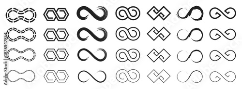 Infinity icon. Endless Mobius loop symbol, limitless eternal geometric arrow symbols inverted 8 shape, forever infinite loops logo design elements. Vector limitless sign set