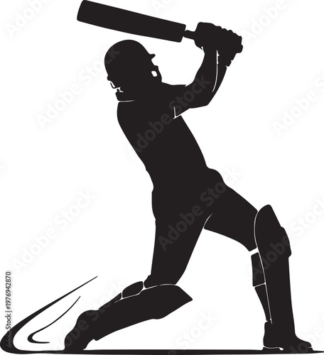 A black silhouette illustration of a professional cricket player swinging a bat with high power isolated on white background