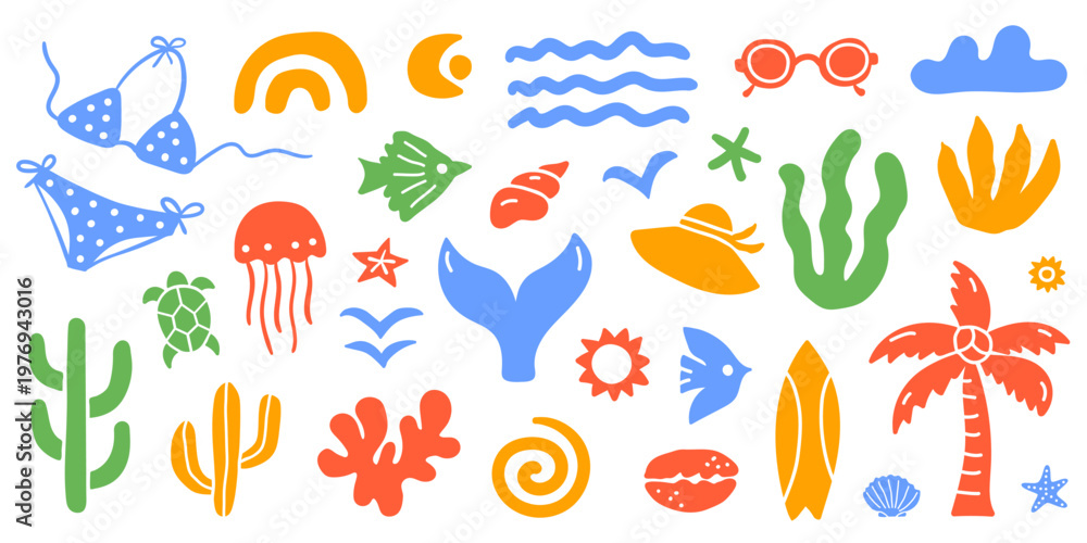 Obraz premium Set of doodle beach elements. Hand drawn palm trees, sea waves, seashells, surfboard, and sun. Summer icons for designs, t-shirts, posters, and coastal branding. Vector illustration
