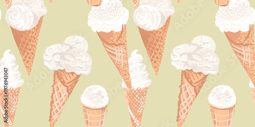 Seamless pattern with hand-drawn ice cream cones on a muted beige background. Warm, playful summer design ideal for packaging, textiles, wallpapers, kids products and dessert branding