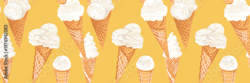 Seamless pattern with hand drawn ice cream cones on a warm yellow background. Playful dessert theme ideal for packaging, textiles, summer branding, kids products and cafe design