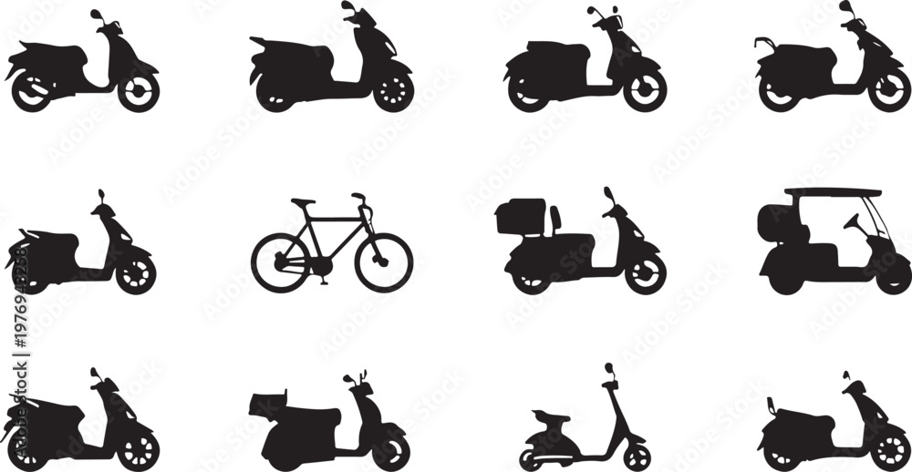 Fototapeta premium A collection of black silhouettes showing various types of scooters and one bicycle icon set isolated on white background