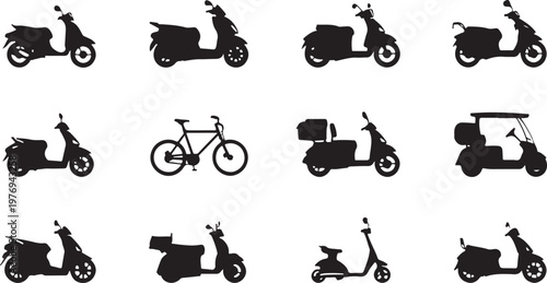 A collection of black silhouettes showing various types of scooters and one bicycle icon set isolated on white background