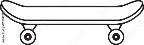 A simple black and white line art drawing of a standard skateboard for coloring activity pages isolated on white background