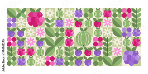 Geometric berry pattern with raspberries and gooseberries in modern flat style. Vector illustration of abstract seamless design with fruit icons, flowers and leaves, creative trendy square mosaic