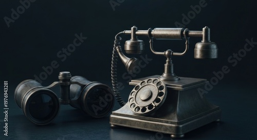 Vintage phone and binoculars on a dark, reflective surface