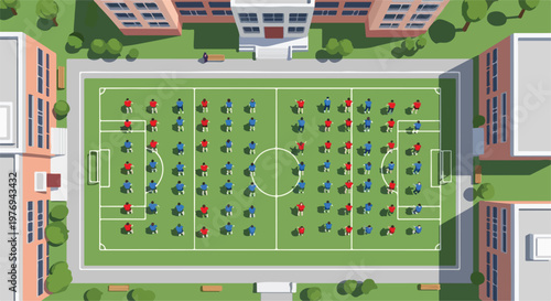 Aerial view of school building with students on soccer field, top down campus courtyard illustration, children in uniform on green sports pitch