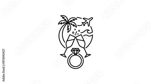 Destination Wedding Celebration Icon in Black and White