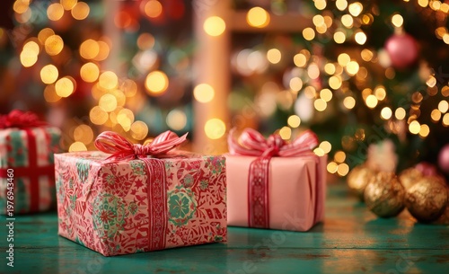Christmas gifts in the living room. Winter spirit background. Close-up Gift boxes with red ribbon bows on blurred bokeh lights of Christmas tree. Festive decorated room, new year. Warm atmosphere