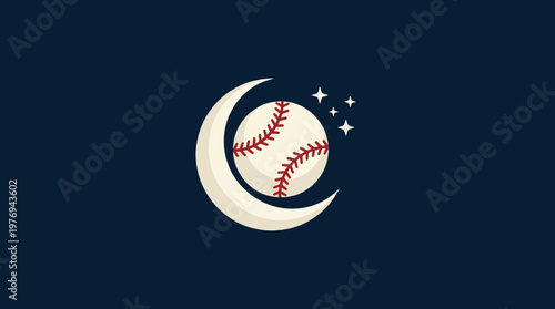 Baseball Moon Logo with Stars on Dark Blue Background
