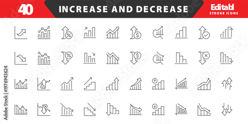 Increase and Decrease line Editable Icons set. Graph, Diagram, business growth, finance, economy, statistics, summary, profit, fall, arrow up, down,
and more. Simple vector icons. Editable Stroke.
