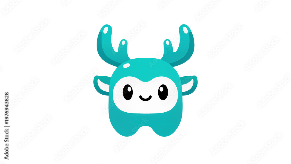 Naklejka premium Turquoise Cartoon Deer Character with Antlers and Smiling Face