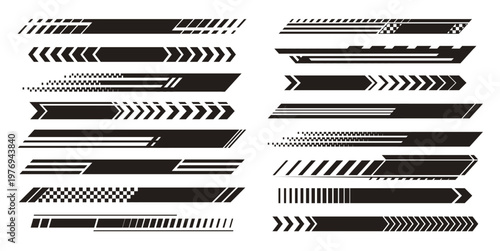 Set of black racing stripes on white background. Vector illustration of bold arrows, checkered flag elements and lines for race car or motorsport graphics, fast speed pattern designs, sports banner