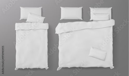 3d bed mockup, top view with white blanket, soft pillows, single and double duvet cover with realistic texture, vector icons isolated on gray background for bedroom interior. Linen textile bedclothes