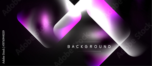 Abstract design features vibrant pink, purple gradients over black background. Modern, dynamic composition creates sleek visual impact.