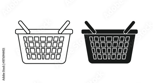 Minimalist vector graphic illustration featuring two stylized shopping baskets for digital retail commerce and online marketplace web icons