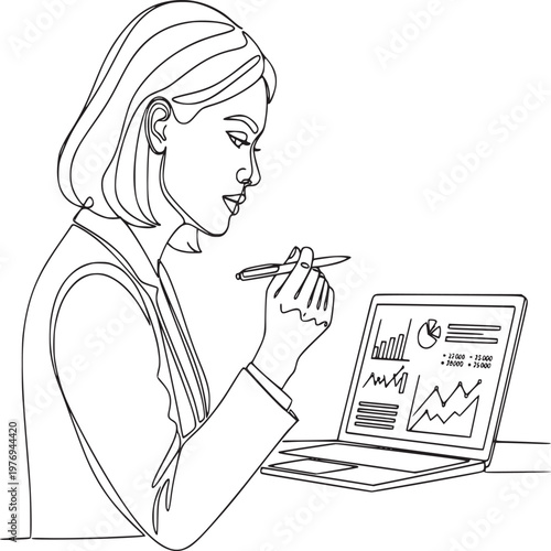 Businesswoman analyzing stock market trends on laptop with financial charts and pen
