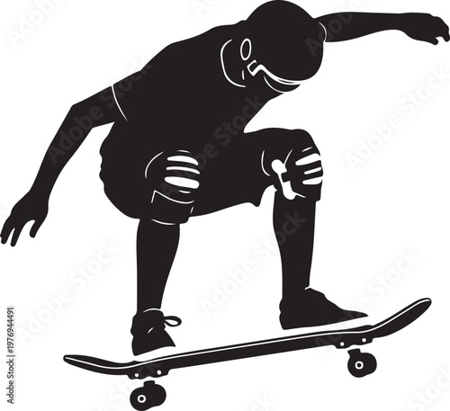 A high contrast black silhouette of a skateboarder performing a trick in the air on white background isolated on white background