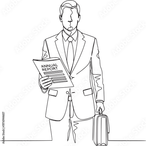 Business executive holding annual report and briefcase in professional office setting