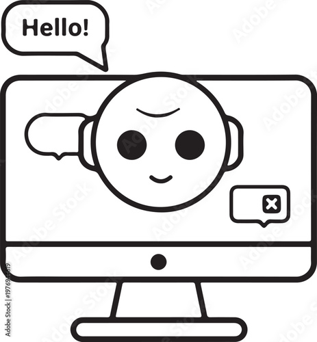 A simple black and white line art illustration showing a friendly robot greeting on a monitor isolated on white background