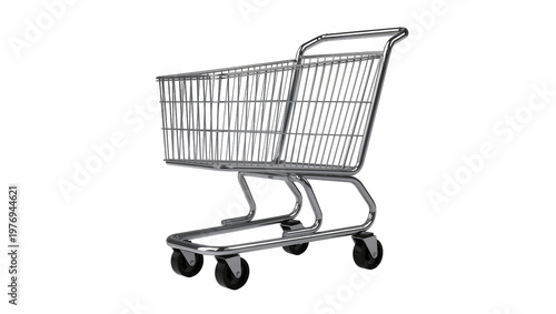 Shiny metallic shopping cart with wire basket and chrome handle