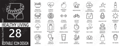 Healthy Living  thin line Icon set. Included mindfulness,  mental health, balance, healthcare, yoga, nutrition,  exercise,  meditation, and more icon.