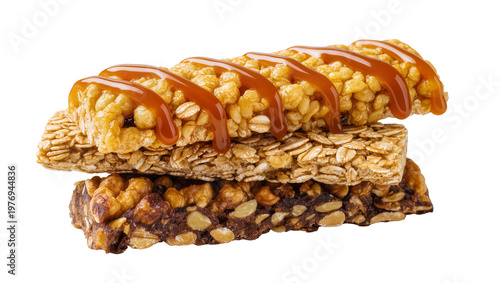 Tableau sur toile Stacked Oat Caramel Nut Energy Bars with Caramel Drizzle