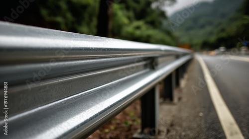 Roadside guardrail along a winding mountain road with green trees in the background and a cloudy sky above