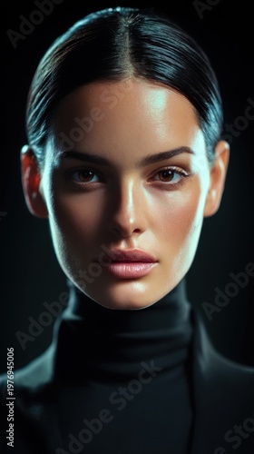 Elegant woman with dark hair and striking features, illuminated by dramatic lighting