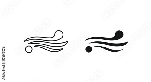 Minimalist vector graphic icons featuring stylized wind currents blowing with circular shapes in solid and outline design styles