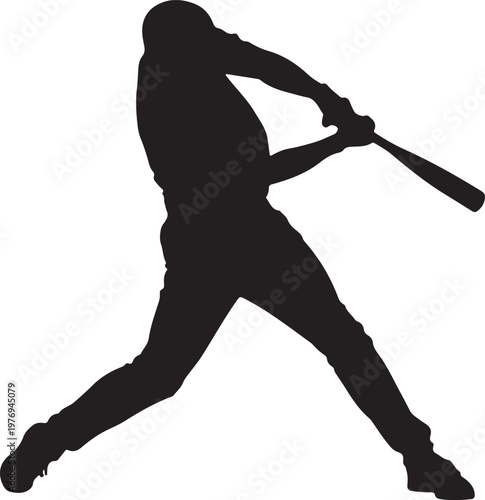 A black silhouette of a professional baseball player swinging a bat with great power and focus isolated on white background