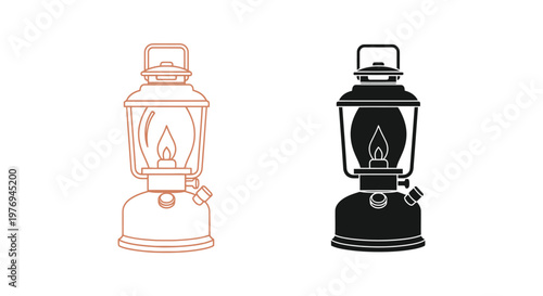 Classic camping lantern vector illustration set featuring outline and silhouette graphics for outdoor adventure designs and icons.