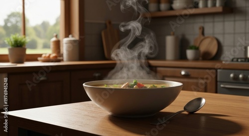 Steaming bowl of soup on a wooden table, kitchen background