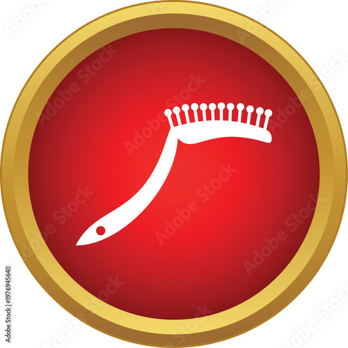 Mascara applicator brush icon inside a red circle with a gold border