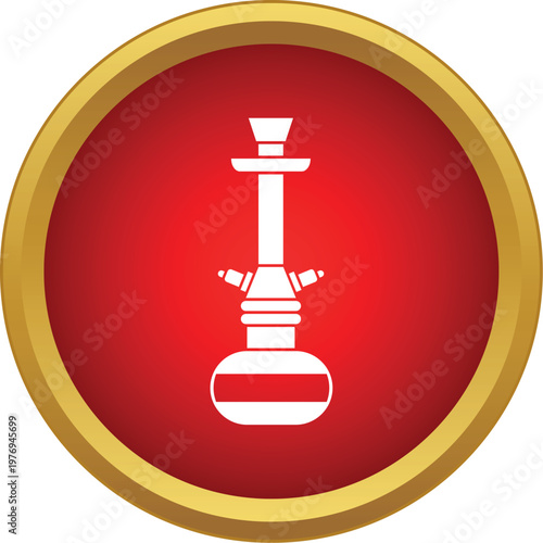 White hookah water pipe graphic symbol on a red round button with golden border