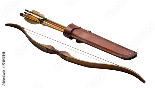 Fotografie Wooden recurve bow with three arrows and brown leather quiver