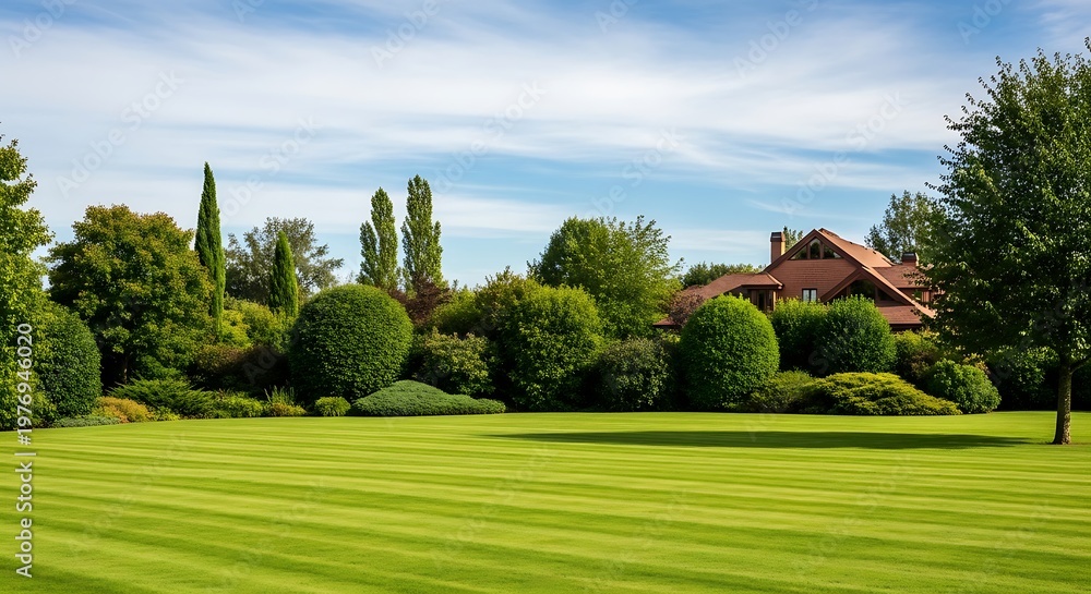 Fototapeta premium A serene landscape of a well-manicured lawn with trees and bushes in a sunny outdoor setting with a house in the distance under a blue sky.