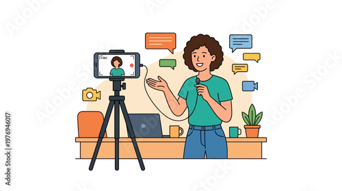 Young man recording a video on a smartphone, presenting to an audience with a microphone and chat bubbles.