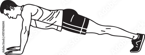 Black and white line art illustration of a man performing a standard plank exercise position isolated on white background