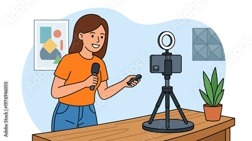 A young woman records a video with a microphone and smartphone on a tripod