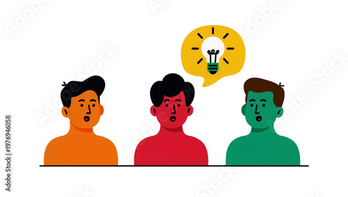 Surprised people trio with bright yellow lightbulb idea above