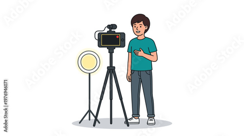 Young man recording video with camera and microphone on tripod stand