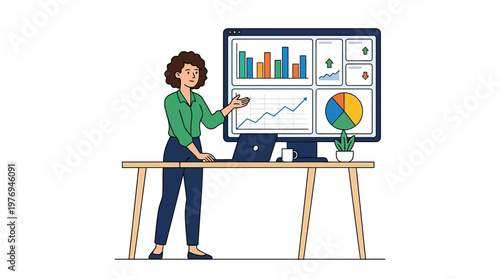 Businesswoman presents data analysis on a large computer screen with graphs