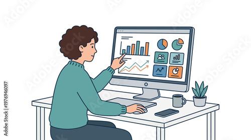 A curly haired woman analyzes colorful charts and graphs on a computer screen.