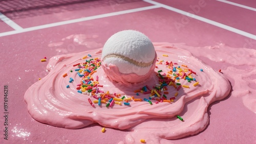 Surreal Image of a Baseball Melting like Ice Cream with Rainbow Sprinkles
