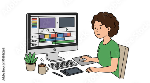Cartoon man edits video on computer with graphics tablet nearby