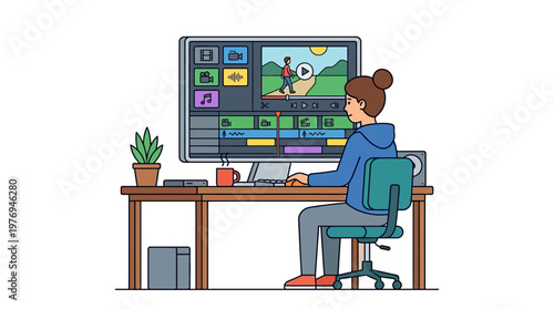 Woman edits video on computer with video editing software interface