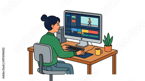 Woman working on video editing project at computer desk with software