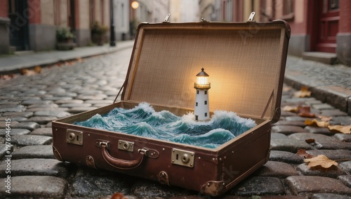 Surreal Concept of a Miniature Lighthouse and Stormy Ocean Inside a Vintage Suitcase